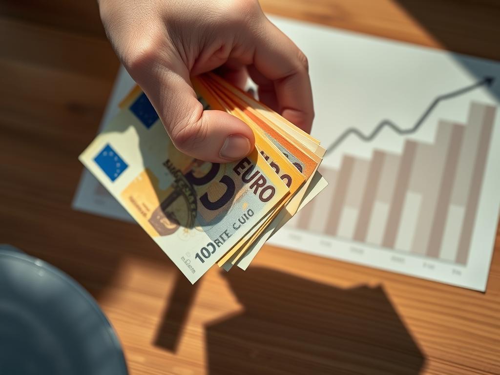 A crisp close-up of a hand holding a stack of euro banknotes, casting a soft shadow on a wooden surface. The bills are neatly arranged, conveying a sense of financial stability and monthly income. In the background, an abstract graph or chart visualizes the growth of dividend payouts, rendered in muted tones that complement the warm lighting. The overall composition suggests the allure and potential rewards of a reliable stream of passive income, inviting the viewer to consider the benefits and considerations of a consistent dividend-paying investment.