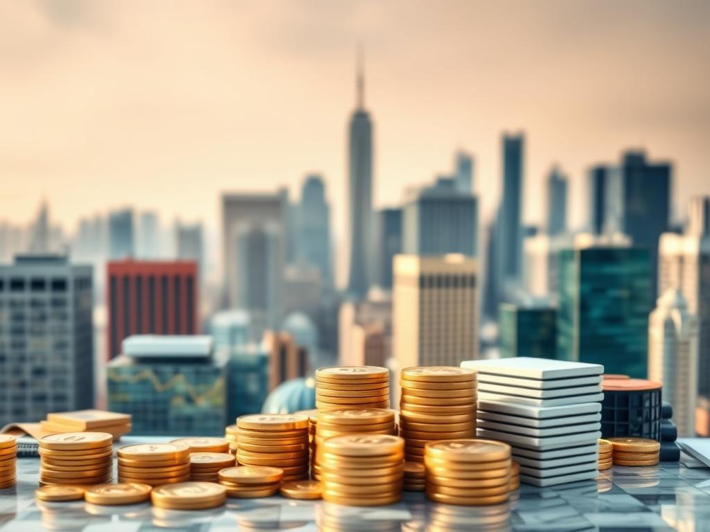 A high-resolution, wide-angle photograph of a diverse portfolio of well-known, blue-chip stocks that are renowned for their consistent monthly dividend payouts. The image should have a clean, professional aesthetic, with the stocks neatly arranged in the foreground, accompanied by financial charts and graphs in the middle ground, and a blurred cityscape skyline in the background, conveying a sense of financial stability and growth. The lighting should be soft and diffused, creating a warm, inviting atmosphere, and the depth of field should be shallow, allowing the viewer to focus on the key financial details. The overall mood should be one of reliability, security, and long-term investment potential.