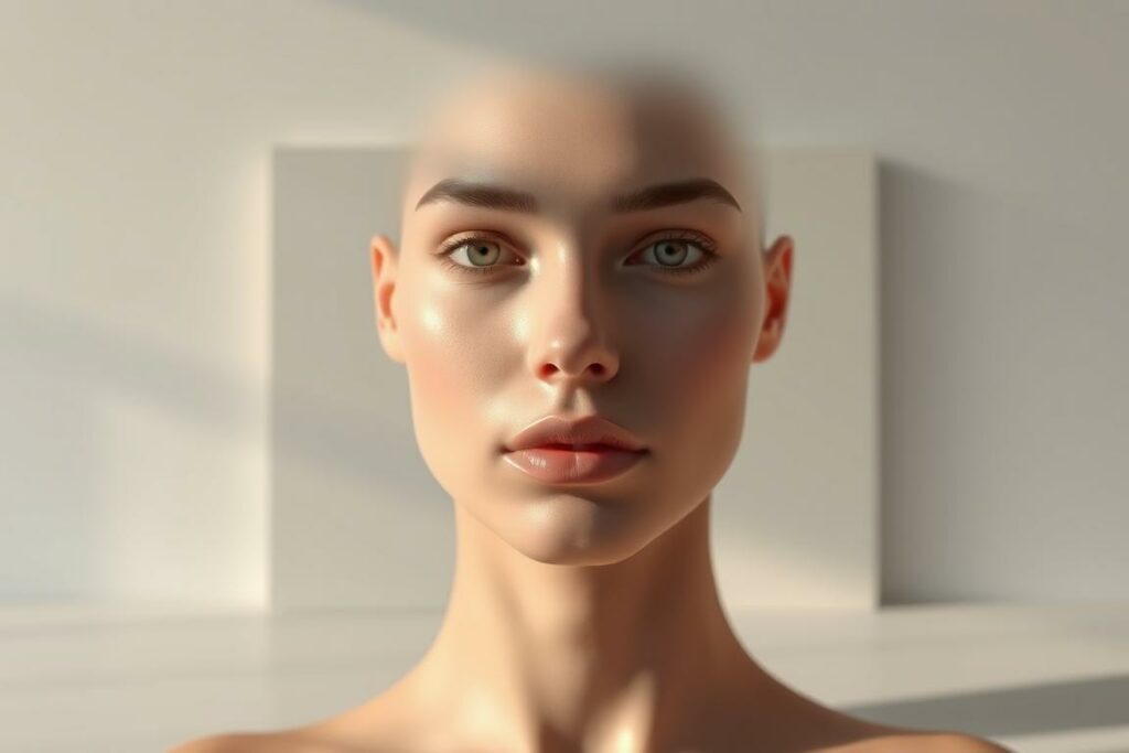 A serene, minimalist composition depicting the essence of aesthetic surgery. In the foreground, a tranquil, hyper-realistic human face showcases the refined contours and smooth complexion that exemplify the art of cosmetic enhancement. Bathed in soft, directional lighting that accentuates the facial features, the subject conveys a sense of harmony and natural beauty. In the middle ground, a subtle backdrop of clean, geometric shapes and muted tones creates a sense of balance and purity, alluding to the precision and elegance of the surgical techniques. The overall atmosphere is one of refinement, introspection, and the delicate balance between natural form and surgical intervention.