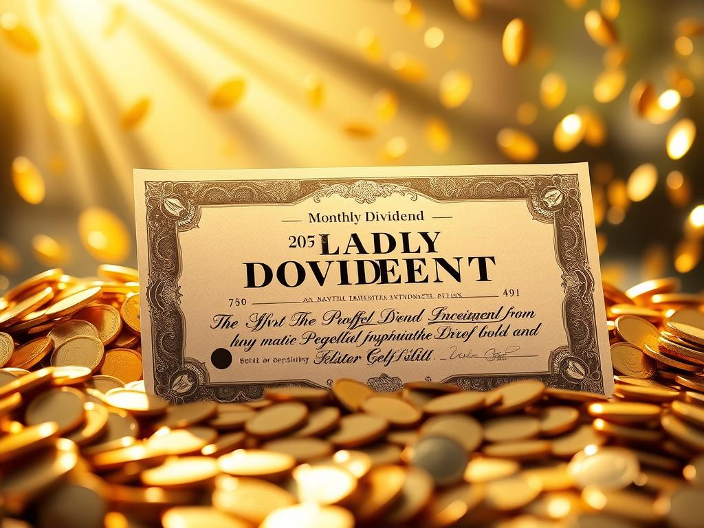 Majestic golden coins cascading against a serene background, casting a warm glow. A stunning stock certificate takes center stage, its intricate design and elegant typography hinting at the monthly dividend it represents. Rays of sunlight filter through, illuminating the scene with a sense of prosperity and financial security. The composition is balanced and visually captivating, inviting the viewer to imagine the potential of a reliable, high-yielding investment opportunity.