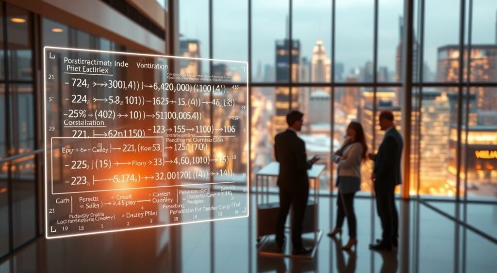 A detailed architectural diagram depicting the calculation of the construction price index. In the foreground, a complex formula is displayed on a holographic display, with various data inputs and statistical parameters. In the middle ground, a team of engineers and economists are analyzing the formula, discussing its components and implications. In the background, a sleek, modern office space with large windows showcasing a bustling cityscape, representing the real-world application and impact of the construction price index. The scene is illuminated by warm, diffused lighting, conveying a sense of professionalism and technical expertise.