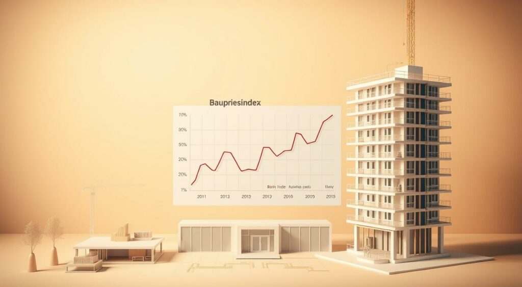 A detailed architectural illustration showcasing the concept of Baupreisindex, a comprehensive index that tracks the changes in construction material and labor costs over time. Set against a minimalist background, the foreground displays a simplified 3D model of a modern multi-story building, its structure and materials meticulously rendered. In the middle ground, a graph charting the fluctuations of the Baupreisindex is prominently featured, with clean data visualizations and clear labeling. The scene is bathed in warm, directional lighting, casting subtle shadows that add depth and dimensionality. The overall mood is one of informative clarity, highlighting the importance of the Baupreisindex in understanding the dynamics of the construction industry.