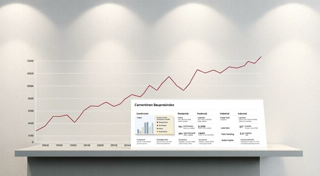 A detailed, data-driven visualization of the current German "Baupreisindex" (construction price index), showcasing its development over time. The image features a clean, minimalist design with a focus on data visualization. The foreground displays a sleek line graph, charting the fluctuations in construction costs across various building types, such as residential, commercial, and industrial. The middle ground offers a breakdown of the index, highlighting key factors influencing the price changes, presented in a clear, infographic-style layout. The background provides a muted, textured context, lending a sense of professionalism and authority to the scene. Lighting is soft and evenly distributed, creating a balanced, technical atmosphere. The overall impression conveys a comprehensive, data-driven analysis of the Baupreisindex and its impact on the construction industry.