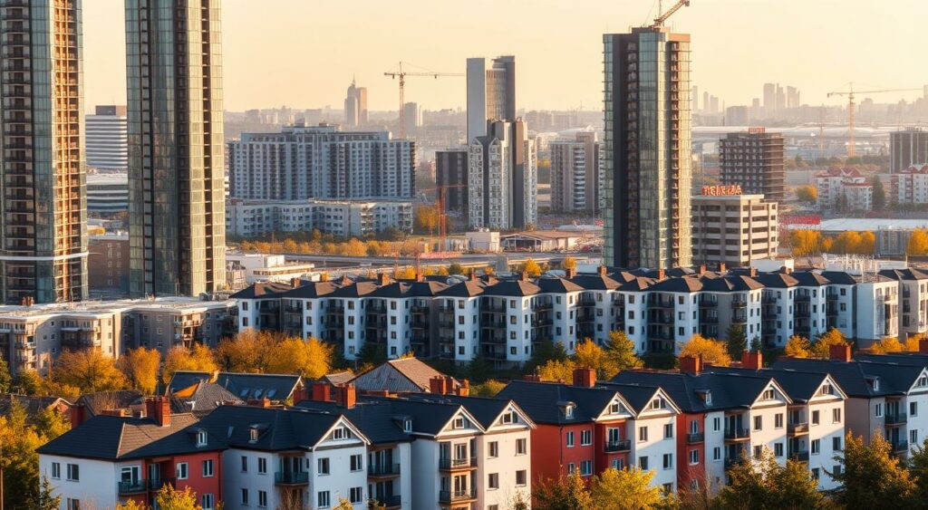 A modern cityscape with a focus on residential and commercial real estate. In the foreground, sleek high-rise apartment buildings and office towers, their glass facades gleaming in the afternoon sun. In the middle ground, rows of newly constructed townhouses and condominiums, their clean architectural lines and vibrant colors indicating the latest design trends. The background features a mix of older, well-maintained buildings and the occasional construction site, hinting at the dynamic nature of the German real estate market. The scene is bathed in a warm, golden light, creating a sense of optimism and growth. The overall composition conveys a sense of progress, innovation, and the evolving nature of the German housing landscape.