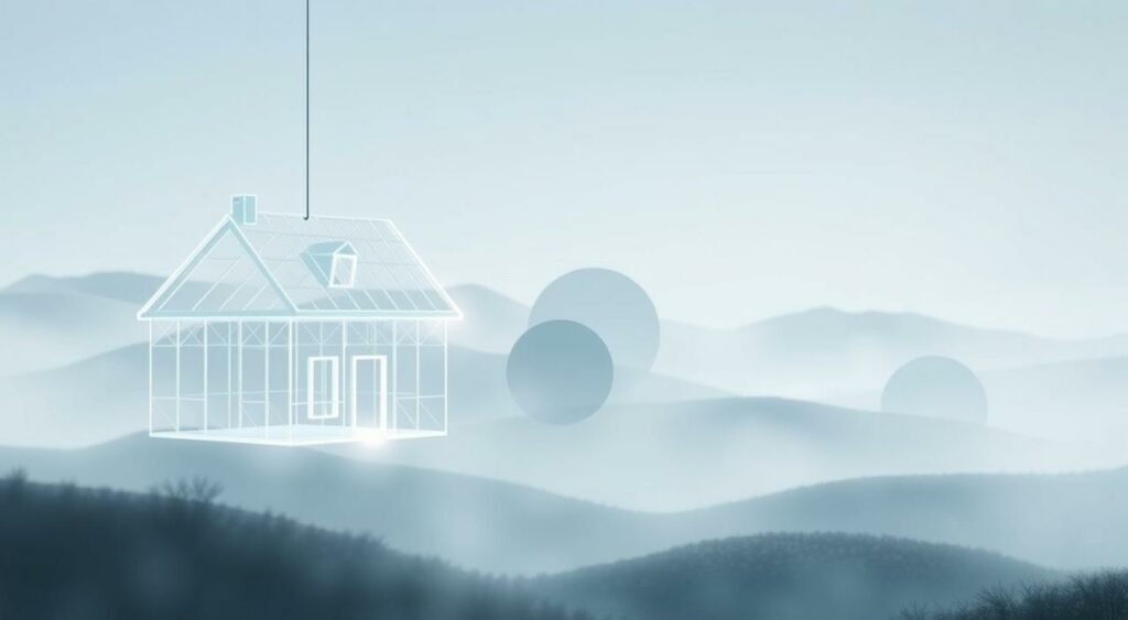 A modern, minimalist illustration of a "gleitender Neuwertfaktor" for a building insurance policy. In the foreground, a geometric wireframe house model hovers, its edges softly glowing. In the middle ground, abstract shapes and gradients in muted tones of blue, gray, and green evoke the concept of value fluctuation. The background is a hazy, atmospheric landscape, with a subtle sense of depth and perspective. Soft, diffused lighting casts gentle shadows, creating a tranquil, thoughtful mood. The overall aesthetic is clean, elegant, and vaguely futuristic, befitting the technical subject matter.