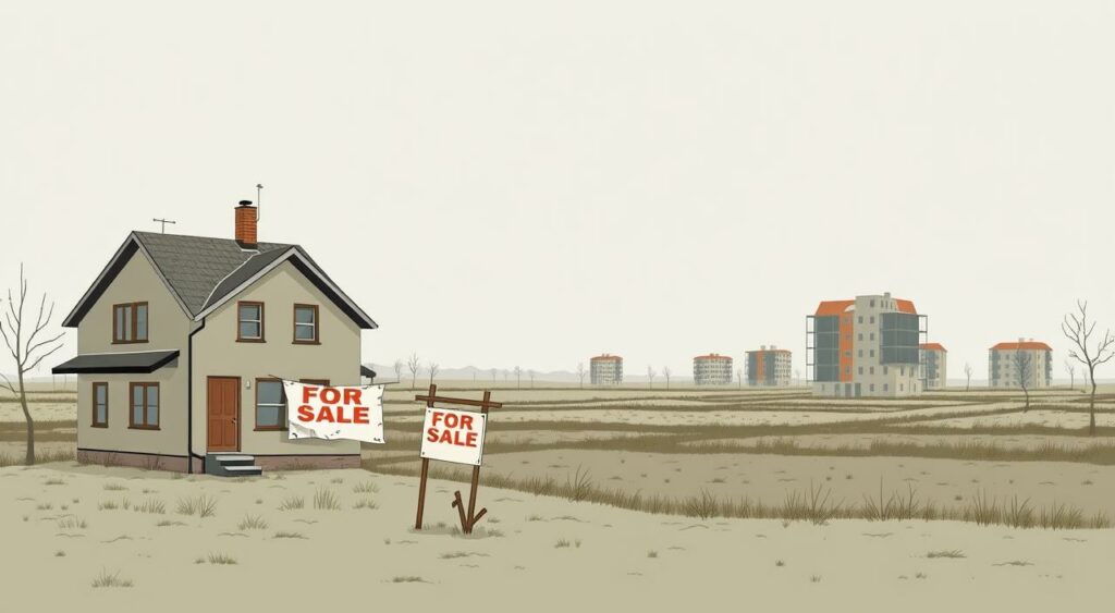 A serene, minimalist illustration of the declining German real estate market in 2023. In the foreground, a family home stands in disrepair, its "For Sale" sign weathered and faded. The middle ground features a desolate landscape of empty lots and half-constructed buildings, conveying a sense of stagnation. In the background, a gloomy sky casts a somber mood, reflecting the historic downturn. The scene is captured with a wide-angle lens, emphasizing the vastness of the economic decline. Muted tones of gray, blue, and brown dominate the color palette, evoking the melancholy of the market's historic price collapse.