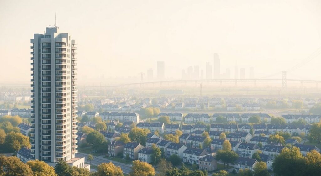 A serene, minimalist illustration of the development of real estate prices in Germany. In the foreground, a sleek, modern apartment building stands tall, its clean lines and neutral tones reflecting the current market trends. The middle ground features a grid of neatly arranged residential homes, each one a symbol of the diverse housing options available. In the background, a hazy cityscape emerges, with skyscrapers and infrastructure hinting at the broader economic forces shaping the real estate landscape. The lighting is soft and diffused, creating a sense of tranquility and balance, mirroring the nuanced changes in the German housing market.