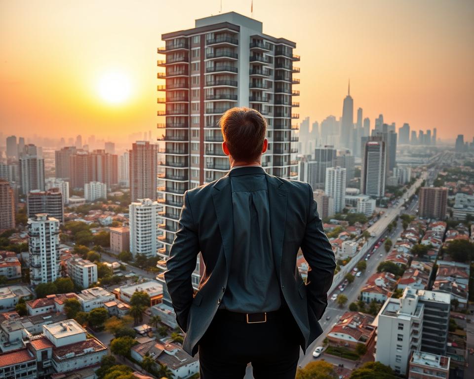 A modern high-rise apartment building set against a backdrop of a bustling cityscape, bathed in warm golden hues from the setting sun. In the foreground, a well-dressed businessman stands admiring the building, hands in his pockets, exuding a sense of confidence and prosperity. The middle ground features a seamless blend of residential and commercial properties, with the occasional pedestrian or vehicle adding to the vibrant urban atmosphere. The background is dominated by a skyline of towering skyscrapers, hinting at the potential for growth and expansion within the real estate market. The overall scene conveys a mood of financial success, investment opportunity, and the ability to "grow one's money" through savvy real estate decisions.