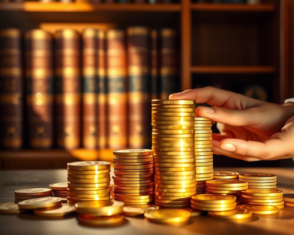 A stack of gold coins, casting long shadows under warm, soft lighting. In the background, a classic wooden bookshelf holds leather-bound volumes, symbolizing the knowledge and prudence required for effective wealth management. In the foreground, a pair of hands carefully arranging the coins, conveying the deliberate and disciplined nature of traditional wealth-building strategies. The overall scene exudes a sense of timeless, measured prosperity - a visual representation of "klassisches sparen geld vermehren".