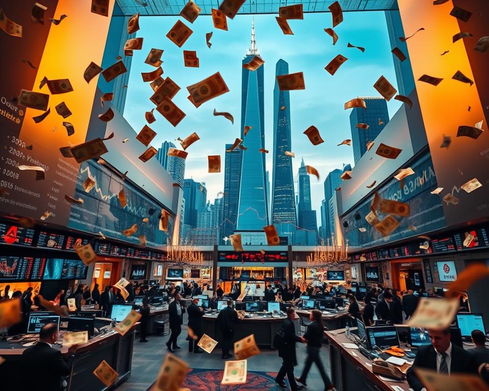 A stock market with an abundance of currency notes floating in the air, creating a captivating visual representation of wealth accumulation. The foreground showcases a dynamic exchange floor, bustling with activity, where investors trade stocks with fervor. In the middle ground, a towering graph rises, symbolizing the growth and potential of financial investments. The background features a sleek, modern cityscape, reflecting the sophisticated nature of the financial world. The lighting is warm and inviting, casting a golden glow across the scene, conveying a sense of prosperity and success. The overall atmosphere exudes an air of excitement and optimism, perfectly capturing the essence of "Geld vermehren durch Aktien, Fonds und ETFs".