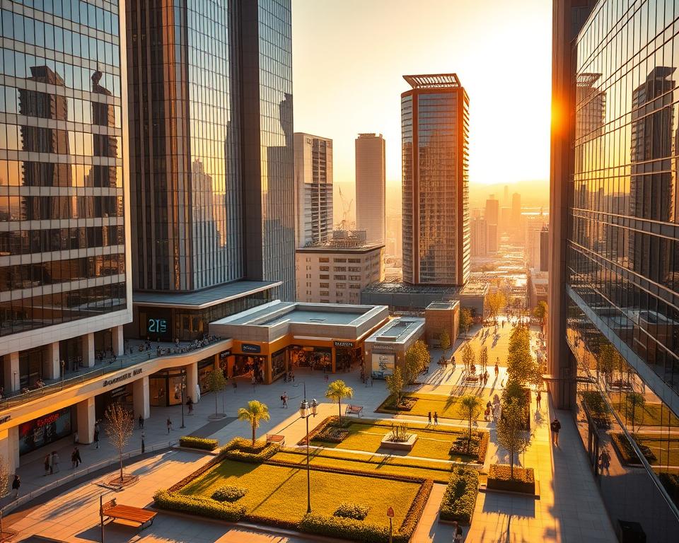 A bustling commercial district with towering office buildings, sleek glass facades, and modern architectural designs. The scene is bathed in warm, golden sunlight, casting long shadows and highlighting the clean lines and geometric shapes of the structures. In the foreground, a well-manicured plaza with benches and lush greenery invites passersby to pause and take in the vibrant atmosphere. The middle ground features a mix of high-end retail stores, trendy cafes, and bustling foot traffic, suggesting a thriving economic hub. In the background, a panoramic view of the cityscape stretches out, emphasizing the strategic location and growth potential of this commercial real estate. The overall composition conveys a sense of prosperity, opportunity, and the allure of investing in commercial properties within this dynamic urban landscape.