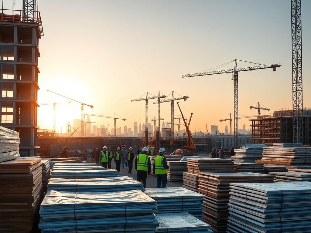 A bustling construction site, with piles of building materials stacked neatly in the foreground. In the middle ground, workers in high-vis vests and hard hats move about, overseeing the ongoing project. The background features a skyline of towering cranes and partially completed structures, bathed in the warm glow of the afternoon sun. The scene conveys a sense of progress and industry, with a focus on the raw materials that drive the construction process. The overall mood is one of productivity and economic activity, reflecting the dynamic nature of the construction industry.