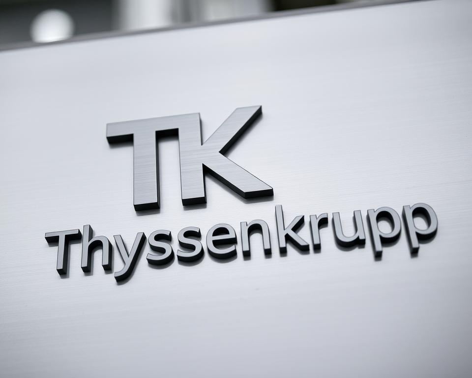 A close-up, high-resolution photograph of the Thyssenkrupp AG logo on a sturdy, metallic surface. The logo is prominently displayed, with a clean, sleek design featuring the distinct "TK" monogram in a bold, modern font. The image has a professional, corporate aesthetic, with a neutral color palette of greys, silvers, and blacks. The lighting is soft and even, highlighting the three-dimensional texture and metallic sheen of the logo. The background is slightly blurred, placing the focus entirely on the logo and conveying a sense of authority and expertise. The overall mood is one of authority, reliability, and cutting-edge industrial design.