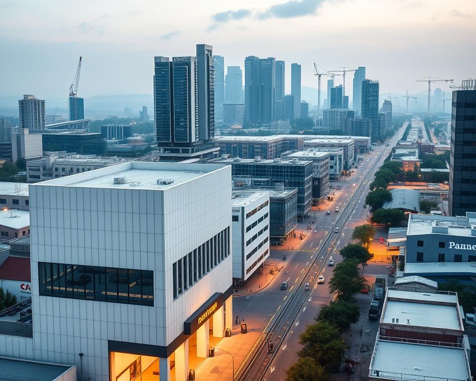 A commercial property surrounded by a bustling urban landscape, with modern high-rise buildings, well-maintained roads, and a mix of industrial and residential structures. The foreground features a spacious, well-lit office building with clean lines and large windows, its facade adorned with a discreet signage. The middle ground showcases a lively street scene, with pedestrians, vehicles, and street furniture creating a sense of activity and vibrancy. In the background, a skyline of sleek, contemporary skyscrapers and cranes denotes an area of ongoing development and growth. Soft, warm lighting illuminates the scene, creating a sense of professional, yet inviting atmosphere. The overall composition conveys the idea of a thriving commercial district, ripe for investment and expansion.