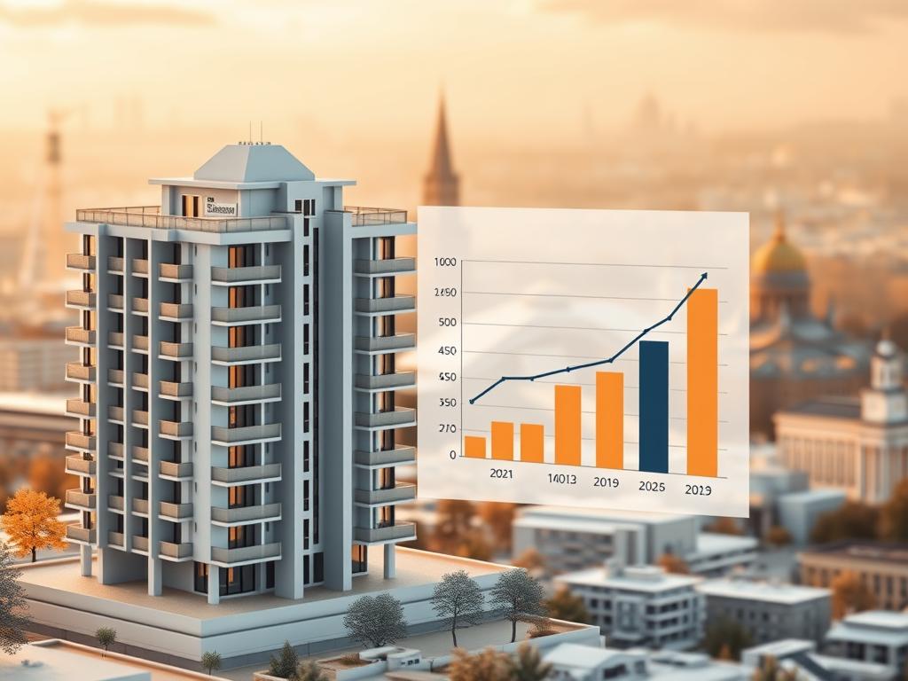 A detailed architectural diagram depicting the latest "Baupreis" trends in Germany for 2024-2025. The foreground showcases a 3D model of a modern multi-story residential building, its clean lines and minimalist design conveying a sense of contemporary German design aesthetics. The middle ground features a bar graph visualizing the year-over-year percentage growth in construction material and labor costs. In the background, a muted cityscape with iconic German landmarks provides context, bathed in warm, golden lighting to evoke a sense of prosperity and economic progress. The overall mood is one of data-driven analysis and design-forward optimism about the future of the German construction industry.