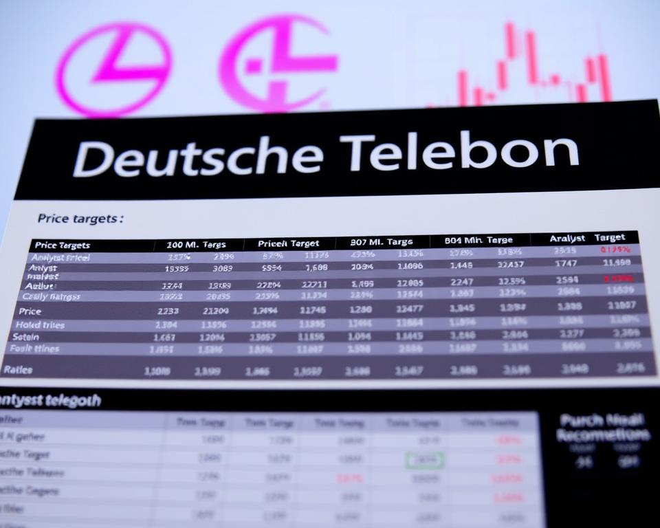 A detailed financial report showcasing various stock price targets and analyst recommendations, presented against a backdrop of the Deutsche Telekom logo and stock chart. The foreground features a sleek, modern infographic with bold typography and clean data visualizations, conveying a sense of authority and professionalism. The middle ground includes neatly organized rows of analyst price targets, buy/hold/sell ratings, and price trend indicators. The background subtly blends the iconic Deutsche Telekom brand elements with a softly defocused stock chart, creating a polished, technocratic aesthetic.