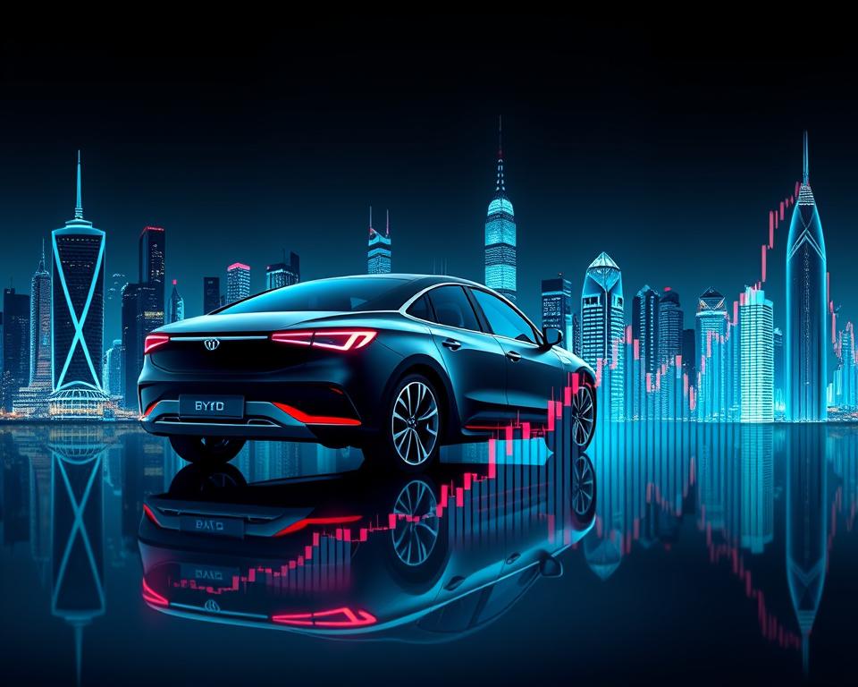 A detailed illustration of the "BYD aktie" (BYD stock) reflecting the dynamic growth and global expansion of China's leading electric vehicle manufacturer. The composition depicts a sleek, modern stock chart set against a backdrop of international cityscapes, showcasing BYD's international ambitions. The chart data should appear crisp and precise, with a vibrant color palette and subtle, professional lighting that conveys a sense of technological sophistication and financial prowess. The overall mood is one of optimism, momentum, and BYD's position as a rising force in the global automotive industry.