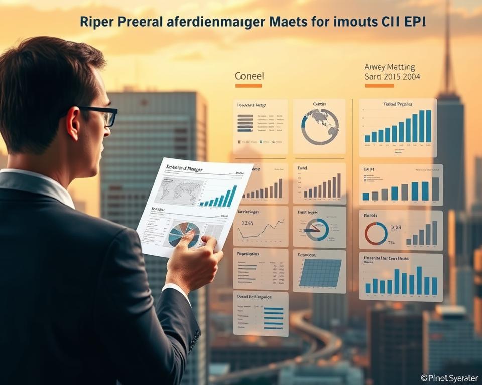 A detailed illustration of the key criteria for evaluating an alternative asset manager. Shown in the foreground is a well-dressed professional presenting a report, using a clean, modern interface. In the middle ground, various financial metrics and analysis are depicted through charts, graphs, and data visualizations. The background features a cityscape with skyscrapers, reflecting the institutional and corporate nature of the alternative investment industry. The scene is illuminated by warm, directional lighting, creating a sense of authority and credibility. The overall mood is one of analytical rigor, institutional expertise, and high-level decision-making.
