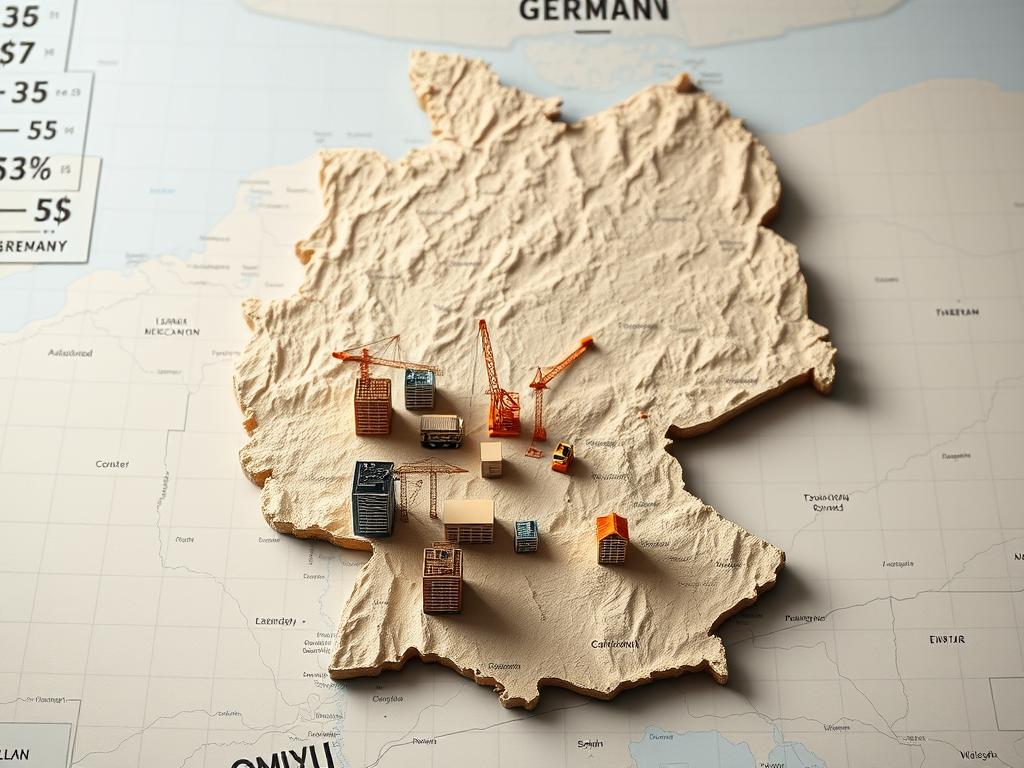A detailed topographic map of Germany, showcasing the varied regional construction costs across different states and metropolitan areas. The map is rendered in a muted, earthy color palette, with clear delineations between high-cost and low-cost regions. In the foreground, a series of construction site icons, each depicting a different building project, are strategically placed to illustrate the impact of localized pricing on specific developments. The background features a subtle grid overlay, suggesting the intricate web of economic and logistical factors that contribute to these regional disparities. The lighting is soft and even, creating a sense of analytical clarity, while the camera angle provides a birds-eye perspective to emphasize the nationwide scope of the data visualization.
