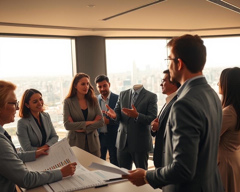 A diverse group of financial professionals gathered in a modern, well-lit office space, discussing alternative investment strategies with confident expressions. In the foreground, a team of analysts pore over financial reports, while in the middle ground, a portfolio manager gestures animatedly, explaining complex investment models. In the background, a floor-to-ceiling window provides a panoramic view of a bustling city skyline, creating a sense of the global reach and impact of alternative investment management. Warm, muted lighting and a sleek, minimalist aesthetic convey a sophisticated, forward-thinking atmosphere.