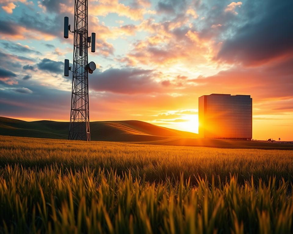 Deutsche Telekom im Chartcheck: Trends, Chancen & Kursziele 2 A dramatic and immersive landscape depicting the "Telekom Sektor". In the foreground, a towering telecommunications tower with bold, angular architecture stands in a field of lush, verdant grasses. The middle ground features a rolling, undulating terrain with a sleek, modern office building in the distance, its glass facade reflecting the sky. The background is filled with a vibrant, colorful sunset, casting warm, golden hues across the scene. The lighting is dramatic, creating deep shadows and highlights that accentuate the architectural details. The overall atmosphere is one of technological progress and innovation, conveying the current market developments of the Telekom stock.