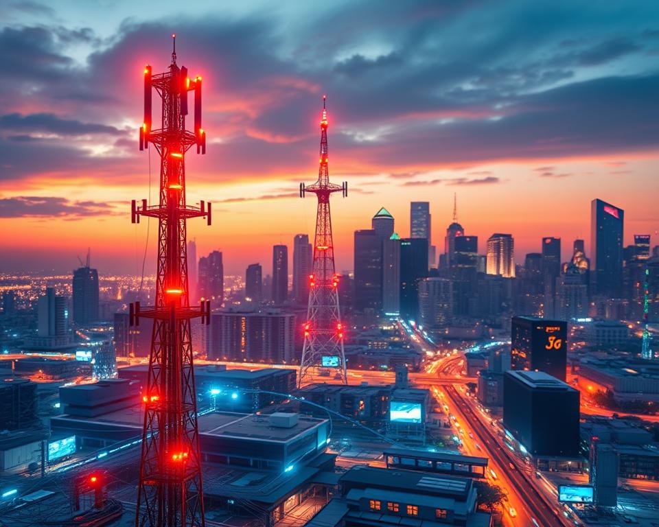 A dynamic image showcasing the potential of the telecommunications sector. In the foreground, a futuristic 5G network tower stands tall, its sleek design and pulsing lights symbolizing the rapid advancements in connectivity. In the middle ground, a network of data cables and server racks represents the robust infrastructure enabling seamless communication. The background features a cityscape, with skyscrapers and technology hubs, illustrating the widespread integration of telecommunication services in modern urban landscapes. The overall scene conveys a sense of progress, innovation, and the boundless opportunities within the telecommunications industry.