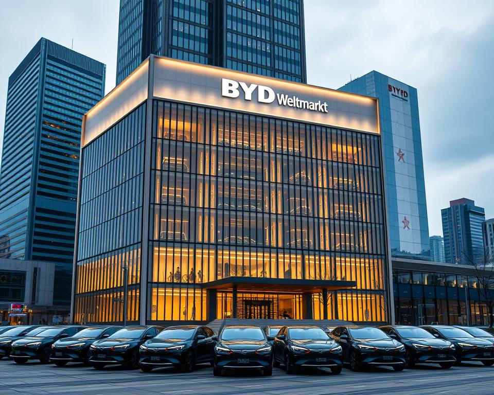 BYD setzt auf Exporte: Wie Chinas Elektroauto-Hoffnung die Welt erobern will 2 A grand corporate headquarters set against a backdrop of a bustling global metropolis. The stately facade of the BYD Weltmarkt building, adorned with sleek glass and steel, stands tall and proud, exuding a sense of power and ambition. The structure is illuminated by warm, diffused lighting, casting a welcoming glow that contrasts with the cool, crisp tones of the surrounding cityscape. In the foreground, a fleet of BYD's flagship electric vehicles are neatly arranged, showcasing the company's technological prowess and commitment to sustainable mobility. The scene evokes a sense of international business, global expansion, and BYD's aspiration to conquer the world stage.