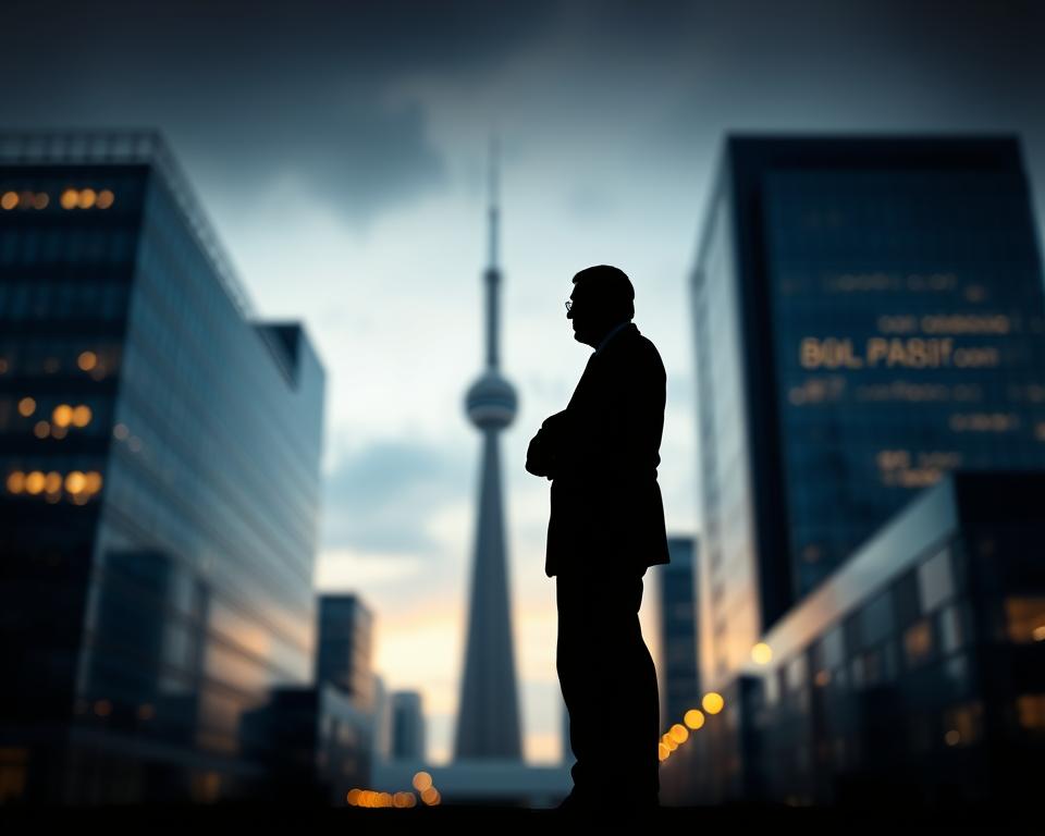 A high-contrast, photorealistic image depicting the concept of "regulatory changes" in the context of the German telecommunications industry. The composition should feature a central focus on a silhouetted figure representing a government regulator, standing against a blurred backdrop of corporate buildings and infrastructure. The figure should be positioned in a contemplative pose, with a sense of authority and power. The lighting should be dramatic, with a mix of warm and cool tones to convey a sense of gravity and importance. The overall atmosphere should evoke a sense of the significant impact that regulatory decisions can have on the telecommunications sector.