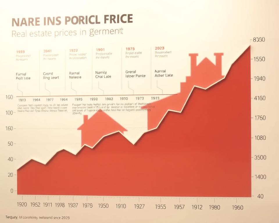 A historical chart depicting the evolution of real estate prices in Germany since 1950. The background features a stylized timeline with key dates and economic events, set against a muted, vintage-inspired color palette. In the foreground, a line graph illustrates the gradual rise in property values over the decades, highlighted by subtle tick marks and gridlines. The chart is presented with a clean, minimalist design, allowing the data to take center stage and convey the long-term trends in the German real estate market. The lighting is soft and diffused, creating a sense of timelessness and objectivity befitting the historical nature of the subject matter.