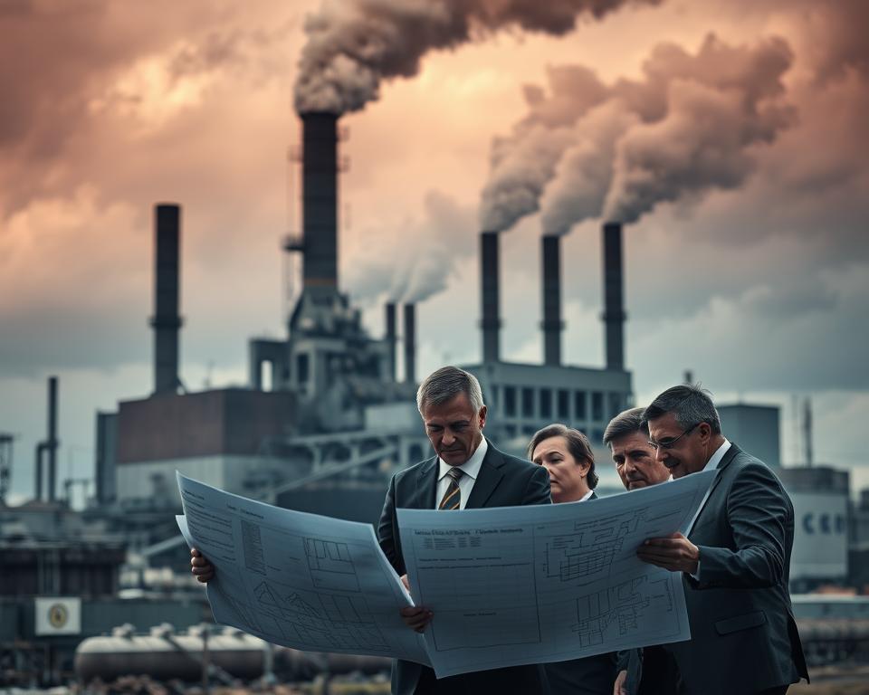 A massive steel mill looming in the background, its towering furnaces belching plumes of smoke against a moody, overcast sky. In the foreground, a group of business executives in sharp suits examining blueprints and schematics, their expressions intense as they discuss the details of a major corporate acquisition. The scene is bathed in cool, industrial lighting, with hard shadows and a sense of power and gravity. The composition suggests the scale and significance of the "Stahlübernahmen" (steel mill takeovers) at the heart of this strategic shift for the company.