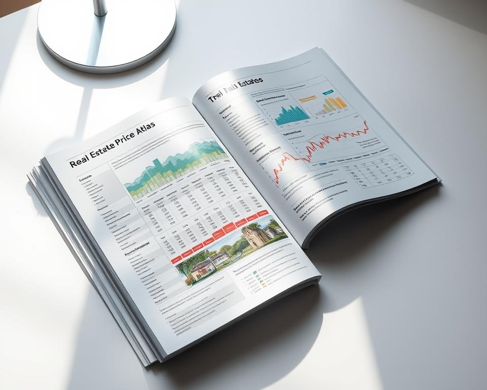 A meticulously detailed real estate price atlas, with a crisp and professional design. The atlas is depicted on a clean, minimalist desk, illuminated by soft, directional lighting that casts subtle shadows. The pages of the atlas are open, revealing insightful data visualizations and infographics that clearly convey market trends and property values. The overall scene exudes an atmosphere of analytical precision, financial expertise, and practical application, reflecting the specialized nature of this valuable industry resource.