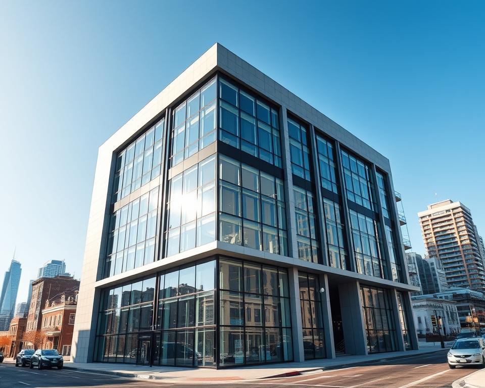 A modern commercial building with a sleek, minimalist exterior stands prominently against a backdrop of a bustling city skyline. The structure features large, floor-to-ceiling windows that allow natural light to flood the interior spaces. The building's facade is made of a combination of glass, steel, and concrete, conveying a sense of stability and sophistication. The surrounding area is dotted with other commercial properties, suggesting a thriving business district. The image is captured from a low-angle perspective, emphasizing the scale and grandeur of the structure. The lighting is crisp and directional, casting sharp shadows that add depth and texture to the scene. The overall atmosphere is one of professionalism, investment, and careful consideration of the purchase process.