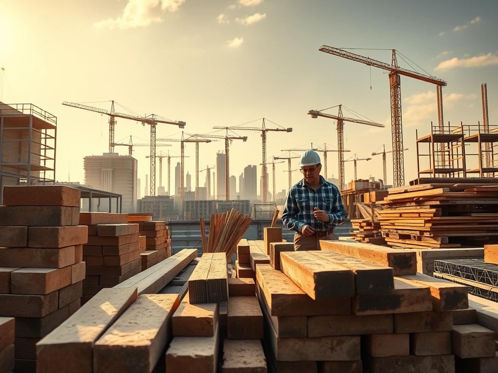 A modern, high-quality construction site with a focus on the rising costs of materials and labor. In the foreground, various building materials such as bricks, lumber, and steel beams are prominently displayed, conveying the tangible expenses involved. The middle ground features construction workers meticulously at work, their expressions conveying the challenges of staying within budget. In the background, a skyline of towering cranes and half-finished structures looms, suggesting the scale and complexity of the construction industry. The overall lighting is warm and golden, creating a sense of urgency and the need for careful planning. The scene is captured through a wide-angle lens, emphasizing the vastness of the undertaking and the importance of understanding the current "baupreise" landscape.