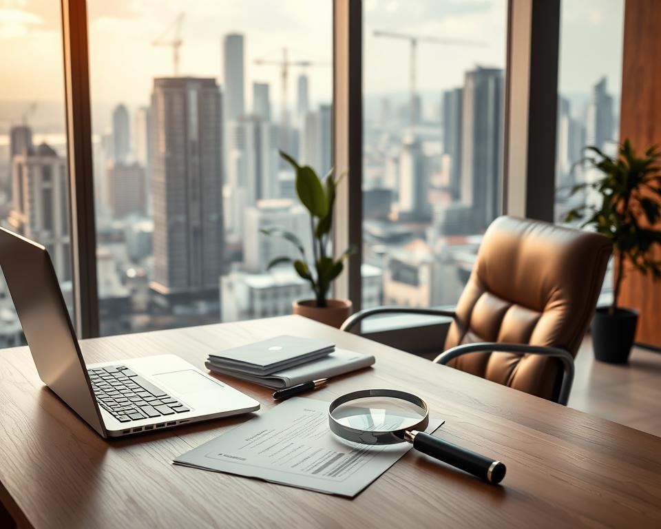A modern, minimalist office interior with large windows overlooking a bustling cityscape. In the foreground, a wooden desk with a laptop, some papers, and a pen. On the desk, a magnifying glass hovers over the papers, symbolizing close examination of financial data. The middle ground features a sleek, leather office chair and a potted plant, adding a touch of nature. The background showcases the urban landscape, with skyscrapers and cranes in the distance, conveying a sense of economic activity and change. The lighting is soft and warm, creating a contemplative atmosphere. The overall scene suggests a professional setting where strategic decisions regarding real estate and inflation are being made.