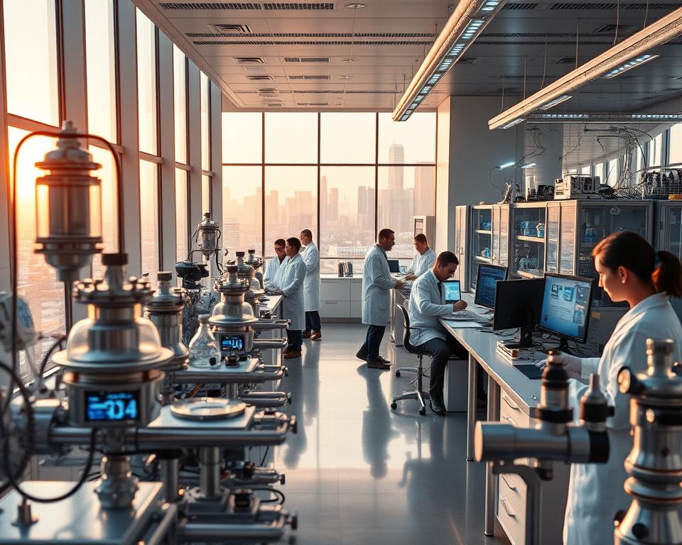 A modern, sleek laboratory interior with a focus on cutting-edge research and development. The foreground features an array of high-tech equipment, such as gleaming metal and glass apparatus, computer workstations, and holographic displays. The middle ground showcases teams of scientists in white lab coats, deeply engaged in their experiments and discussions. The background reveals large windows overlooking a cityscape, bathed in warm, natural lighting that filters through. The overall atmosphere conveys a sense of innovation, collaboration, and a commitment to advancing scientific knowledge. The image should reflect the forward-thinking spirit of Thyssenkrupp's research and development initiatives.