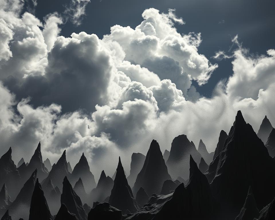 A roiling, turbulent landscape of financial volatility. Swirling clouds of economic uncertainty loom in the background, casting an ominous shadow. In the foreground, sharp spikes and jagged edges represent the unpredictable fluctuations of the market, ever-changing and unstable. The lighting is harsh, creating stark contrasts and a sense of unease. The camera angle is low, emphasizing the towering, overwhelming nature of the volatility. The overall mood is one of tension, anxiety, and the constant threat of the unknown. This image should convey the risks and challenges inherent in the rapidly shifting economic climate.