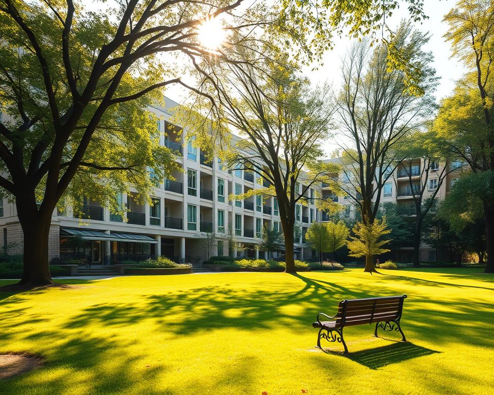 Inflation Schulden Immobilien: Ihre Strategie 3 A serene, sun-dappled scene of a modern, well-maintained apartment building set against a backdrop of lush greenery. The building's façade features clean lines, large windows, and a sleek, contemporary design, conveying a sense of stability and security. Sunlight filters through the trees, casting warm, golden hues across the scene and creating a sense of tranquility. In the foreground, a well-manicured lawn and a few scattered park benches invite contemplation, while in the distance, the building stands as a beacon of reliable, inflation-resistant investment. The overall atmosphere is one of peaceful, long-term security and prosperity.