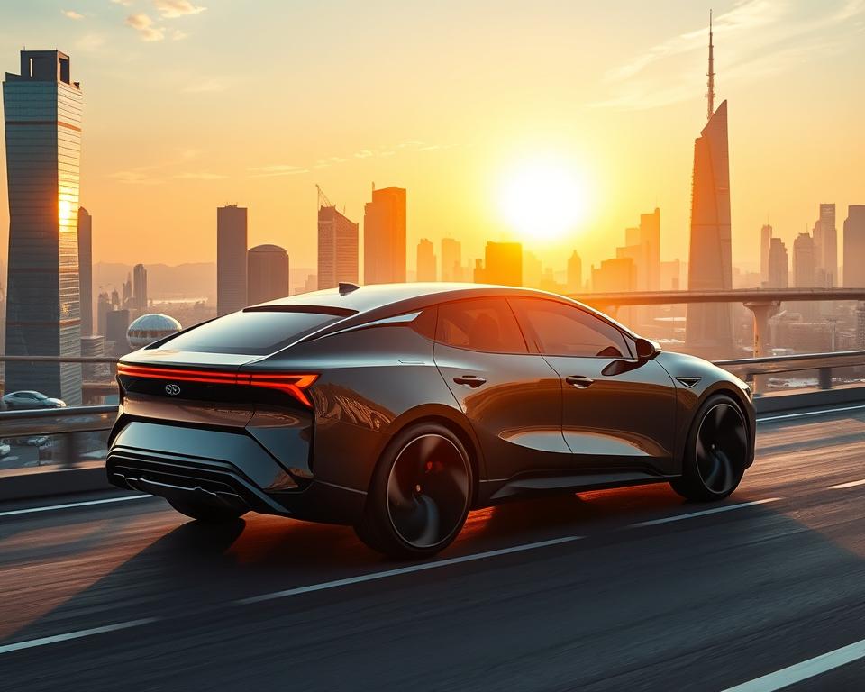 A sleek, futuristic BYD Batterieautomobil glides effortlessly through a sprawling, ultramodern cityscape. The vehicle's curvaceous silhouette is bathed in a warm, golden glow from the setting sun, casting dramatic shadows that accentuate its bold, aerodynamic design. In the foreground, the car's advanced electric powertrain is prominently displayed, showcasing BYD's commitment to innovative green technology. The middle ground features towering skyscrapers and elevated transportation systems, hinting at the car's integration into a sustainable, high-tech urban landscape. The background is filled with a vibrant, neon-tinged skyline, conveying a sense of progress and technological prowess. The overall scene exudes a sleek, futuristic aesthetic that perfectly aligns with the "Technologische Innovationen von BYD" section of the article.