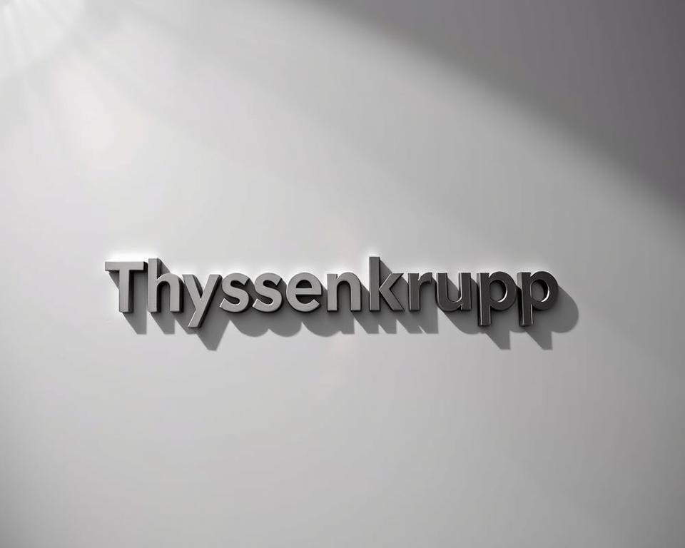 A sleek, high-resolution close-up photograph of the Thyssenkrupp logo and company name, centered against a clean, minimalist background with subtle graduated lighting from the top left, casting a soft, sophisticated shadow. The logo is rendered in bold, metallic typography with a polished, reflective surface, conveying a sense of industrial strength, stability, and financial resilience. The overall composition is balanced and visually striking, capturing the essence of Thyssenkrupp's brand identity and hinting at the company's promising economic prospects.