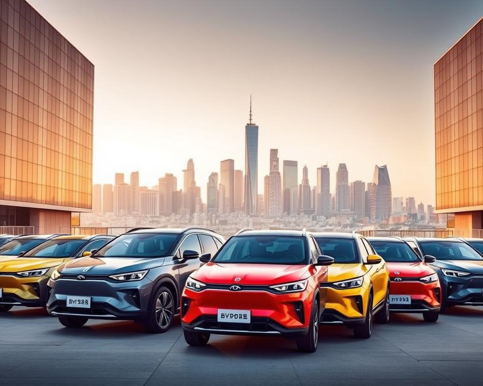 A sleek lineup of BYD's electric vehicles stands proudly against a backdrop of modern urban architecture, showcasing China's ambition to conquer the global electric car market. The cars, with their striking designs and vibrant colors, are bathed in a warm, golden light, creating a sense of confidence and innovation. In the foreground, the vehicles are captured from a low angle, emphasizing their impressive size and presence. The middle ground features a bustling city skyline, hinting at the challenges and opportunities that lie ahead for BYD as it navigates the international automotive landscape. The overall atmosphere conveys a sense of determination and forward-thinking, reflecting the brand's aspirations to become a dominant player on the world stage.