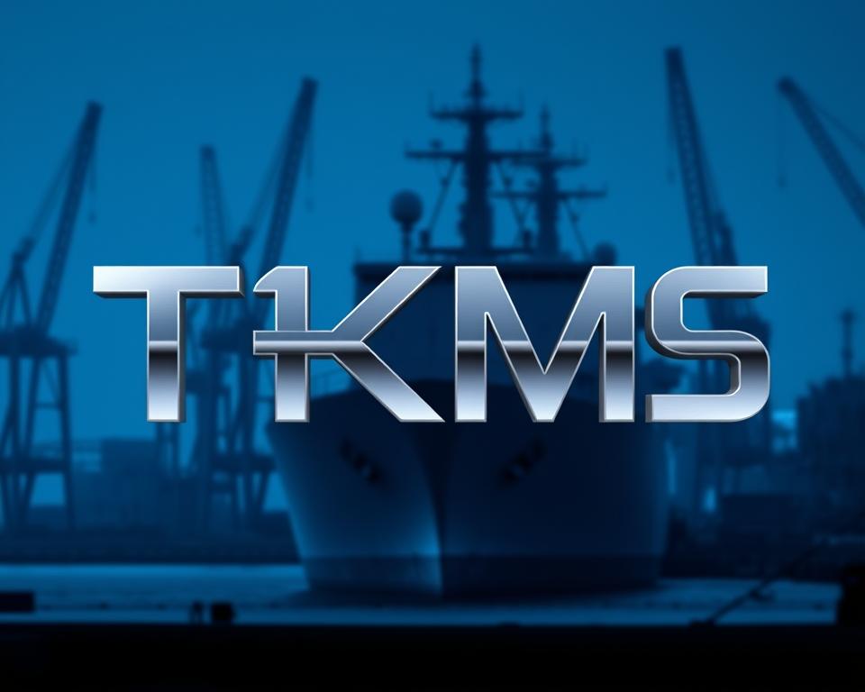A sleek, modern rendering of the "TKMS" logo, set against a backdrop of a shipyard. The logo's design features clean, geometric lines in a striking metallic finish, evoking the precision and engineering excellence of Thyssenkrupp Marine Systems. The shipyard scene in the background is bathed in a cool, blue-tinted light, with the silhouettes of towering cranes and the hulls of mighty naval vessels visible in the distance, creating a sense of industrial power and technological prowess. The overall composition exudes a sense of professional authority and industry leadership, perfectly complementing the article's focus on the strategic separation of TKMS from Thyssenkrupp.