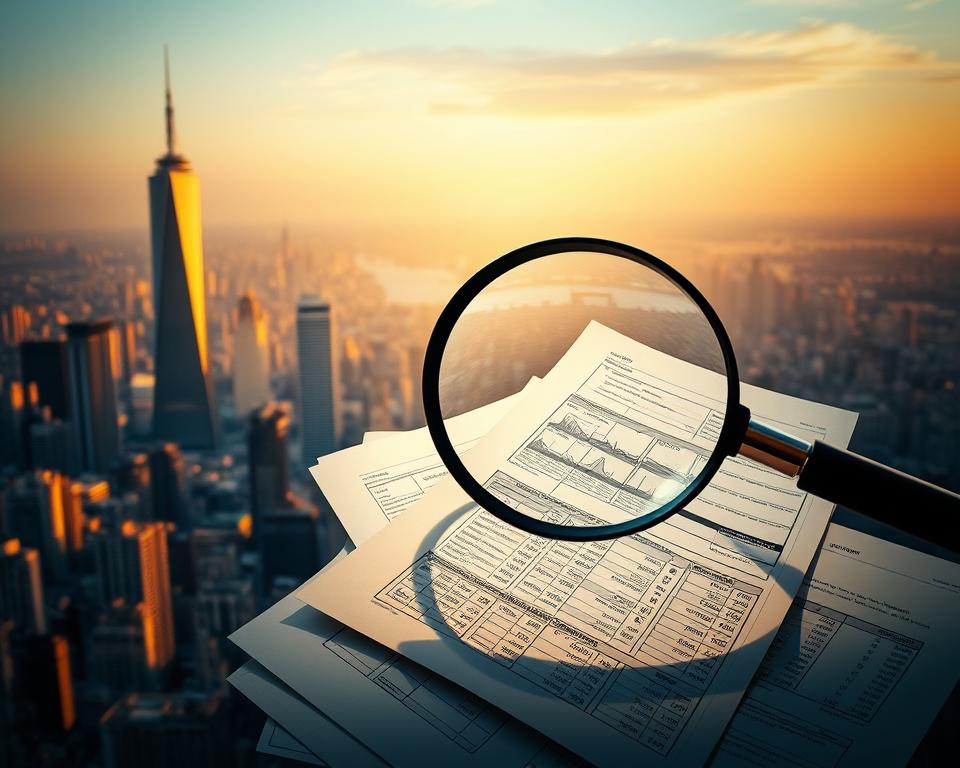 Inflation Schulden Immobilien: Ihre Strategie 2 A sprawling cityscape, bathed in a warm, golden glow, serves as the backdrop for a towering skyscraper. In the foreground, a magnifying glass hovers over intricate financial documents, casting a sharp, analytical light on the intricate web of debt and real estate. The scene is illuminated by a soft, directional light, casting long shadows and adding depth and drama to the composition. The overall atmosphere conveys a sense of contemplation and scrutiny, as the viewer is invited to examine the complex relationship between inflation, debt, and the real estate market.