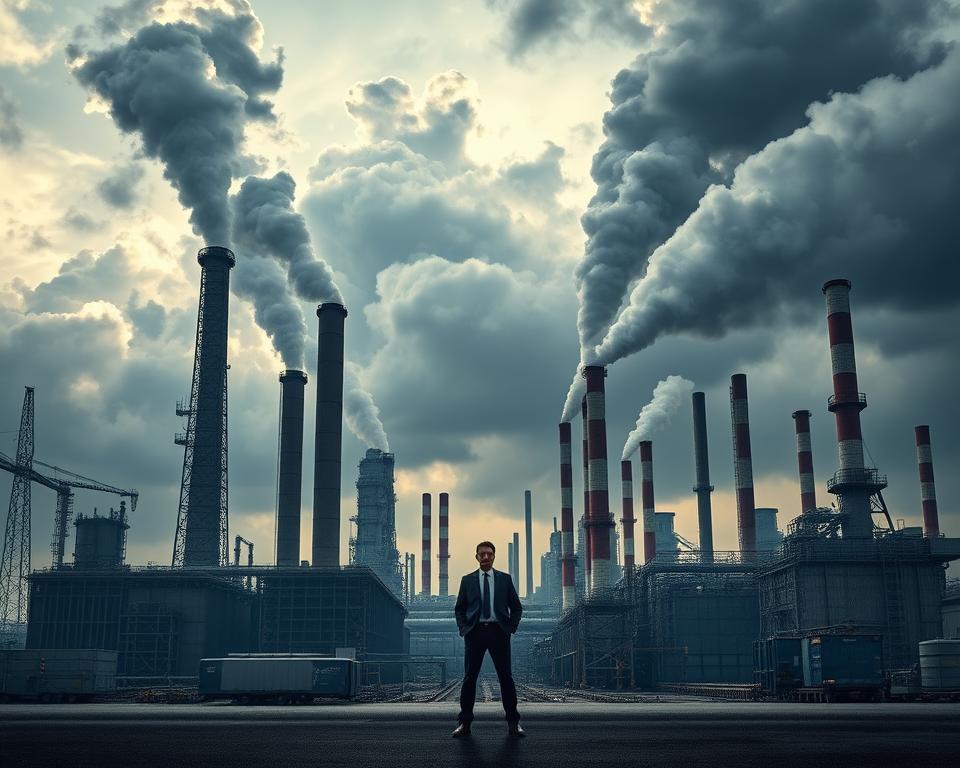 A strategic shift at Thyssenkrupp: a sweeping industrial landscape, with towering steel structures and smokestacks rising against a cloudy, dramatic sky. In the foreground, a central figure representing the company's transformation, rendered in a realistic, cinematic style with strong lighting and attention to detail. The composition balances the imposing industrial backdrop with a sense of dynamic change and forward momentum, capturing the essence of Thyssenkrupp's evolving strategy.