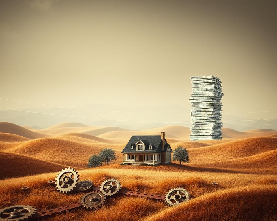 A striking and informative illustration of the interplay between inflation, debt, and real estate. Set against a muted, earthy color palette, the scene depicts a stately, well-appointed home nestled amidst a field of abstract, undulating shapes representing the ebb and flow of economic forces. In the foreground, a series of interconnected gears and cogs symbolize the intricate mechanisms driving inflation, with subtle highlights and shadows conveying a sense of depth and dynamism. In the middle ground, a towering stack of currency notes and financial documents suggests the weight of debt, while in the background, a hazy, ethereal landscape alludes to the broader macroeconomic landscape. The overall composition strikes a balance between realism and abstraction, inviting the viewer to ponder the complex interrelationships at the heart of the "Inflation Schulden Immobilien" theme.