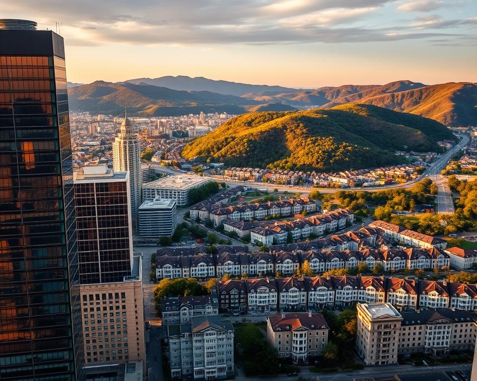 A sweeping aerial view of a cityscape, showcasing the steady growth of real estate values over the past five decades. The foreground features a series of modern skyscrapers, their reflective glass facades glinting in the warm, golden light of a setting sun. In the middle ground, rows of stately, well-maintained residential buildings stretch out, their prices steadily climbing with each passing year. The background is dominated by lush, verdant hills, hinting at the continued demand for desirable, scenic properties. The overall composition conveys a sense of progress, prosperity, and the enduring value of real estate investments in this thriving metropolitan area.