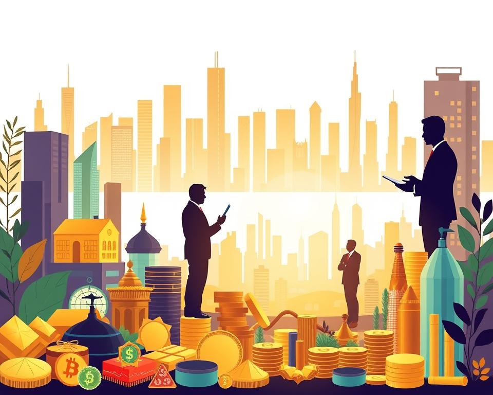 A vibrant, visually striking illustration depicting alternative investment opportunities. In the foreground, a diverse array of financial instruments such as precious metals, commodities, cryptocurrencies, and alternative assets like real estate and venture capital stand out against a clean, minimalist backdrop. The middle ground features silhouettes of investors carefully analyzing charts and graphs, showcasing the analytical aspect of alternative investment management. In the background, a cityscape with skyscrapers and futuristic architecture suggests the global scale and potential of these alternative investment options. The scene is bathed in a warm, golden light, conveying a sense of prosperity and opportunity. The overall composition is well-balanced, with a clean, modern aesthetic that reflects the sophistication and dynamism of the alternative investment landscape.