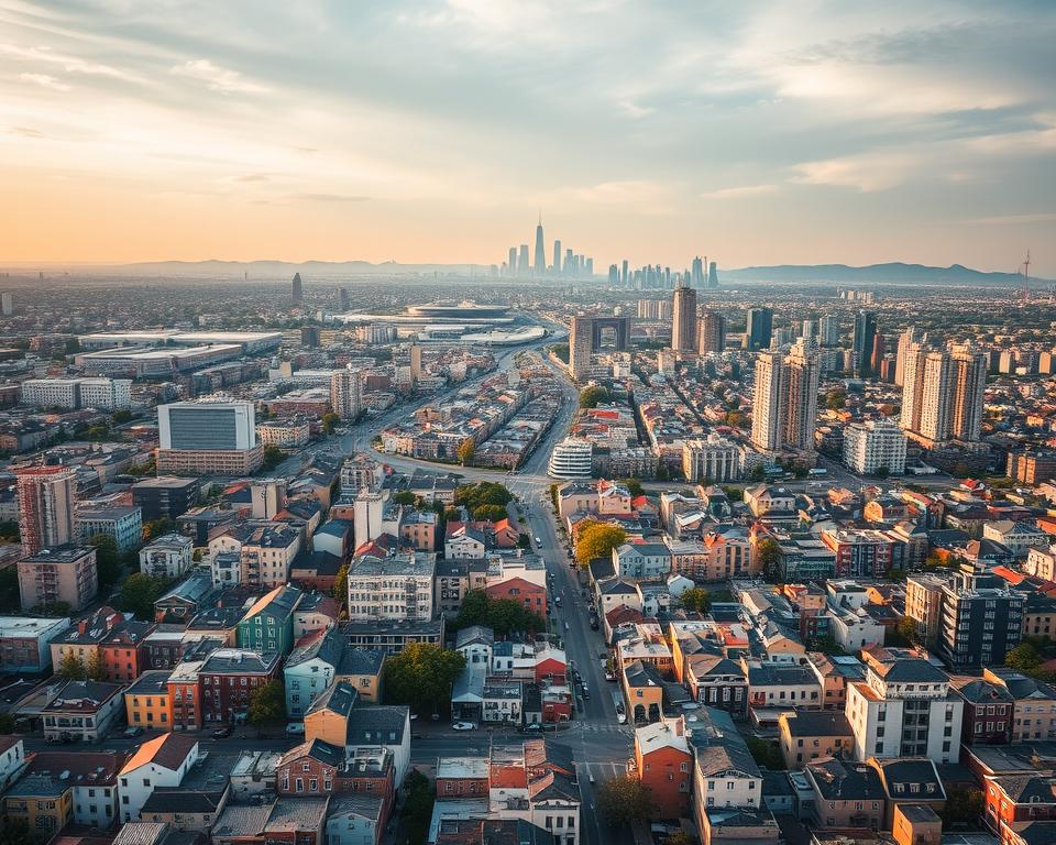 An aerial view of a bustling urban landscape, captured through the lens of a high-resolution aerial camera. In the foreground, a kaleidoscope of colorful residential and commercial buildings stretch out, representing the diverse real estate market. The middle ground reveals a network of winding streets and infrastructure, showcasing the dynamic growth and development of the city. In the background, the horizon is dotted with towering skyscrapers, symbolizing the ever-changing landscape of property values and prices over the decades. The scene is bathed in warm, golden-hour lighting, evoking a sense of nostalgia and the passage of time. Subtle hues of blues and grays in the sky suggest the historical context, creating an immersive atmosphere that captures the essence of the article's subject.