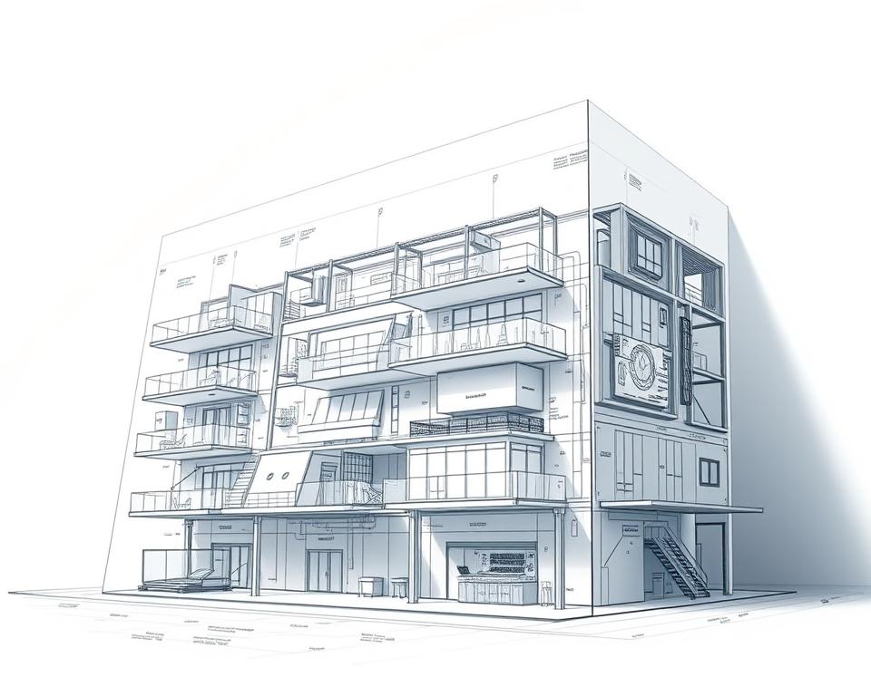 Detailed architectural blueprint of "Immobilienatlas", a comprehensive real estate market analysis tool. The blueprint showcases the various functional components and data visualizations that make up this powerful software. Depicted in a technical, engineering-inspired style with precise line work, clean typography, and a muted color palette of grays, blues, and blacks. The blueprint is presented from an angled, three-quarter view to highlight the depth and complexity of the system. Soft, dramatic lighting casts shadows that emphasize the structural elements, creating a sense of depth and dimensionality. The overall mood is one of sophistication, professionalism, and advanced analytical capabilities tailored for the real estate industry.