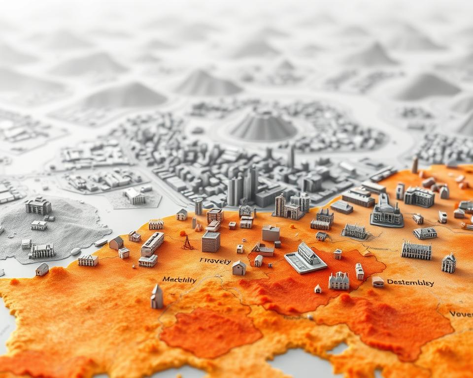 Immobilienatlas Deutschland: A detailed topographical map showcasing the real estate landscape across Germany. The foreground features a precise cartographic representation of property value indexes, heat-mapped to convey variations in market prices. The middle ground depicts 3D building models in muted tones, illustrating the diverse architectural styles and densities of urban centers. In the background, a softly blurred terrain of rolling hills and winding rivers creates a sense of depth and geographic context. The lighting is neutral, with a subtle ambient glow to emphasize the informational nature of the visualization. The overall mood is analytical, inviting the viewer to study the complex interplay of location, development, and economic factors shaping the German real estate market.